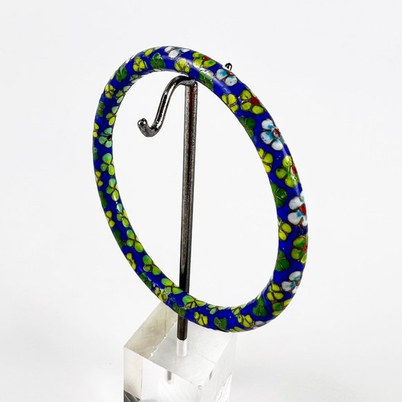 Vintage Chinese Cobalt Blue Green Cloisonne Enamel Floral Bangle Bracelet - Picture 1 of 4
